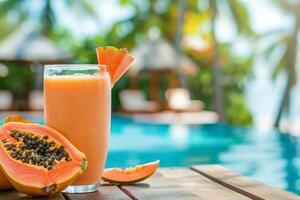 AI generated Tropical Papaya lassi and fresh papaya fruit near poolside photo