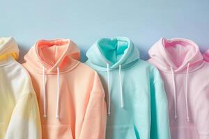AI generated Lots of colorful hoodies hanging on blue background photo