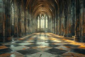 ai generado vacío medieval salón con luz de sol filtración mediante manchado vaso foto