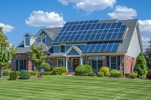 ai generado moderno sostenible casa con solar paneles en el techo foto