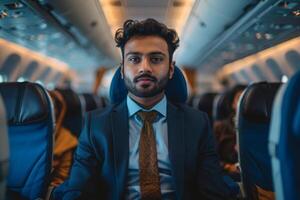 AI generated Male passenger in airplane cabin. Indian man during business trip photo