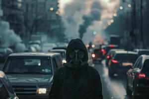 ai generado hombre en gas máscara camina abajo en calle con tóxico fumar foto
