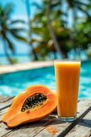 AI generated Tropical Papaya lassi and fresh papaya fruit near poolside photo