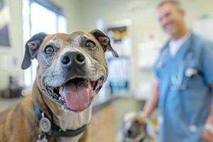 ai generado contento perro a veterinario clínica con médico en antecedentes foto