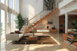 AI generated Modern Living Room With Wooden Staircase Large Windows During Daytime photo