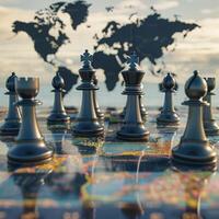 AI generated Chess Pieces Positioned on World Map, Global Tactics and Geopolitics photo