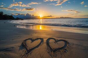 AI generated Two hearts drawn on sand of paradise beach at sunset photo