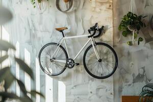 AI generated Sport bike hanging on wall in apartment, functional living space photo