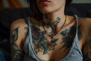 ai generado mujer con tatuaje en su cuerpo foto