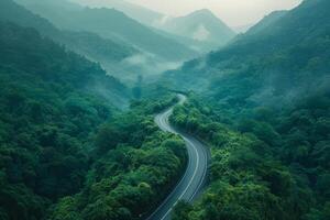 ai generado serpentina montaña la carretera devanado mediante lozano verde bosque foto