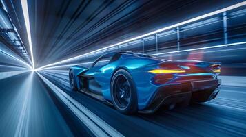 AI generated Blue sport car in motion in tunnel, back view photo