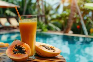 ai generado tropical papaya lassi y Fresco papaya Fruta cerca junto a la piscina foto