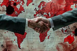 AI generated Businessmen Bloody Handshake Against Blood Splattered World Map photo