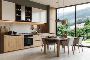 AI generated Modern kitchen with table and furniture at dining area photo