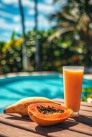 AI generated Tropical Papaya lassi and fresh papaya fruit near poolside photo