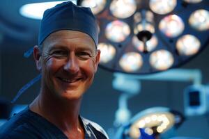 AI generated Smiling Surgeon in Scrubs Stands in Operating Room photo