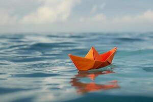AI generated Lone paper boat sailing in ocean photo