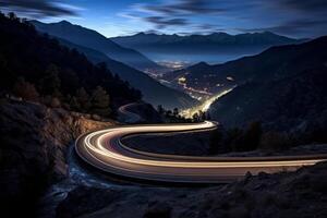 ai generado curvilíneo montaña la carretera con arrastrando luces a noche foto