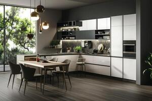 AI generated Modern kitchen with table and furniture at dining area photo