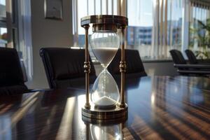 AI generated Hourglass Counting Down Time on Table in Office photo