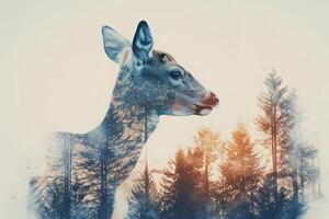 AI generated Deer Silhouette Featuring Double Exposure With Forest Trees photo