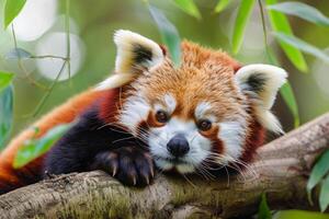 ai generado rojo panda en árbol rama en bosque habitat foto