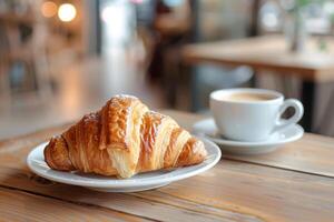 AI generated Morning breakfast with croissant and cup of coffee in cafe photo