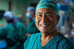 AI generated Smiling Surgeon in Scrubs Stands in Operating Room photo