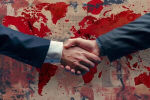 AI generated Businessmen Bloody Handshake Against Blood Splattered World Map photo