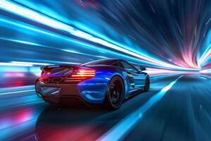 AI generated Blue sport car in motion in tunnel, back view photo