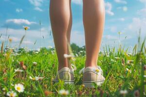 ai generado relajado verano día con hembra piernas en floreciente prado foto