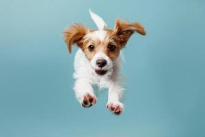 AI generated Joyful Dog Jumping Against Blue Background photo