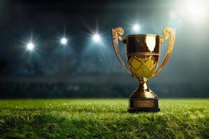 AI generated Golden Trophy Cup on Field Under Stadium Lights photo