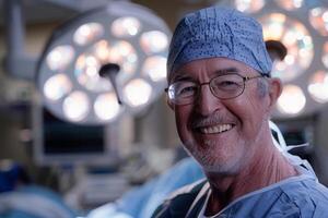 AI generated Smiling Surgeon in Scrubs Stands in Operating Room photo