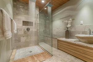 AI generated Modern stylish bathroom with bathtub photo