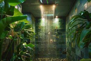 AI generated Eco friendly bathroom with rain shower photo