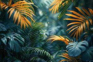 Tropical exotic leaves background. Rainforest landscape photo