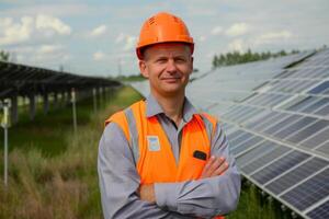 Male engineer inspecting a solar panel installation photo