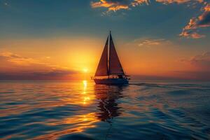 Sailboat silhouette in sea at sunset photo