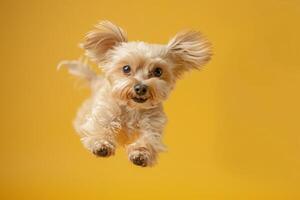 Joyful Dog Jumping Against Yellow Background photo