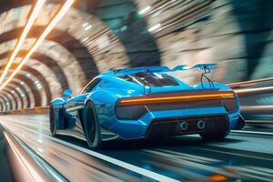 Blue sport car in motion in tunnel, back view photo