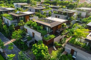 Sustainable Urban Neighborhood with Eco-Friendly Houses and Green Landscaping photo