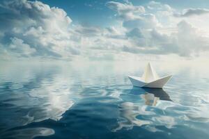solitario papel barco navegación en Oceano foto