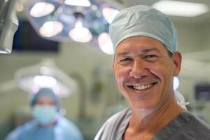 Smiling Surgeon in Scrubs Stands in Operating Room photo