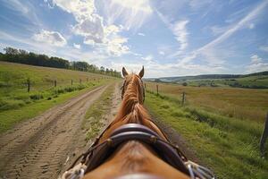 Rear view of horse riding in field photo