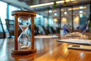 Hourglass Counting Down Time on Table in Office photo