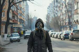 Man in gas mask walks along smoky street photo