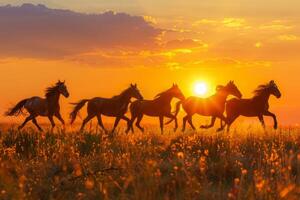 Silhouettes of herd of horses galloping across field at sunset photo