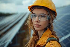 Female engineer inspecting a solar panel installation photo