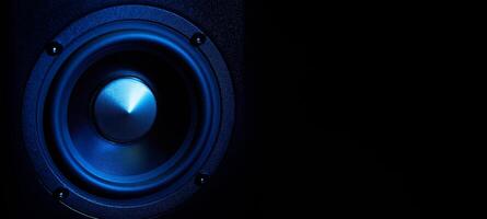 Multimedia acoustic sound speakers with blue neon lighting photo